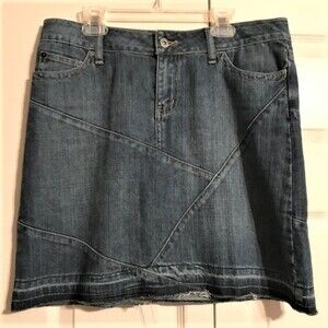 NOIR Size 4 Blue Denim Jean Mini Skirt Asymmetrical Lines Raw Hem Zipper Button